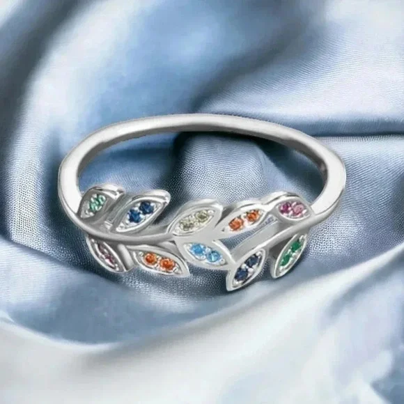 🆕️Elegant S925 Sterling Silver Leaf Ring w/ Colorful Zircons 🌿💍 Gift Box 🎁 - Picture 6 of 10